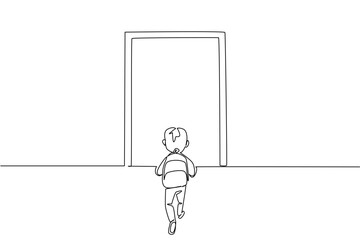 Single continuous line drawing boy carrying backpack walking towards the door. The joy of the new semester. Everything new. Enthusiastic. Walk Safely To School Day. One line design vector illustration
