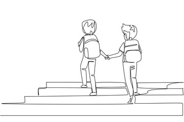 Continuous one line drawing 2 boys carrying backpacks holding hands walking up the stairs. Take care of each other until school. Walk Safely To School Day. Single line draw design vector illustration © Simple Line