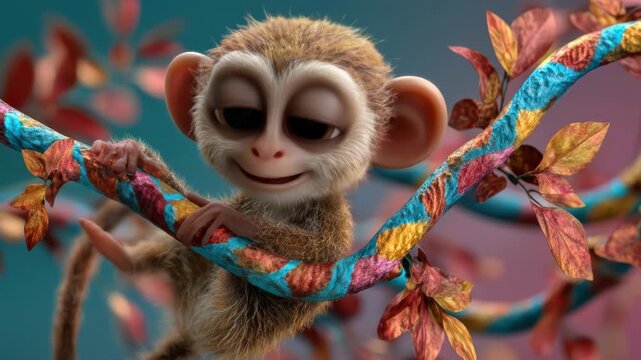 A cute cartoon monkey with large eyes smiles while perched on a colorful branch with autumn leaves, dreamy bokeh background
