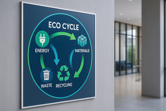 Eco cycle energy materials recycling waste poster on office wall promoting sustainable circular economy and environmental responsibility