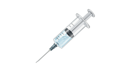 Medical syringe filled with clear liquid on a black background