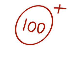 A perfect score of 100 with a plus sign, circled in red ink, isolated on a transparent background, representing academic achievement and success