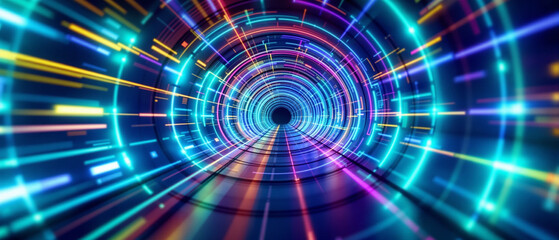 Obraz premium Colorful glowing neon tunnel with speed light motion futuristic abstract effect