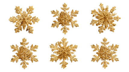 Six golden snowflakes isolated on transparent background