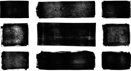 Naklejka premium Black linocut stamp textures on an acid white background. Handmade ink roller set with rough edges and aged effects, creating grunge urban backdrops and distressed street art overlays. 