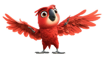 A charming red macaw isolated on transparent background, with its wings spread wide and a curious expression, capturing the essence of tropical wonder and playful spirit