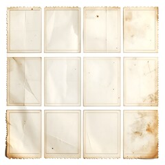 A curated collection of twelve vintage paper backgrounds featuring aged stains, creases, and torn edges, isolated on a minimal white background