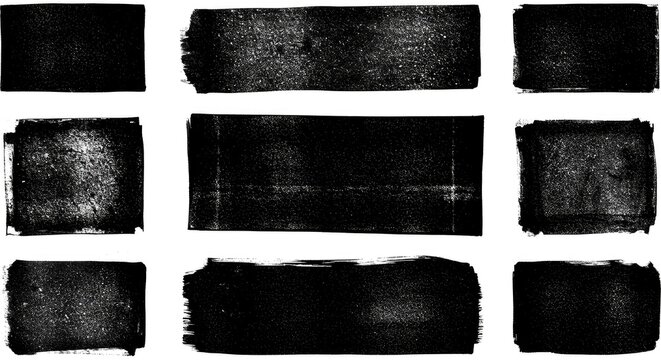 Black linocut stamp textures on an acid white background. Handmade ink roller set with rough edges and aged effects, creating grunge urban backdrops and distressed street art overlays.
