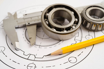 Engineering and precision tools with metal ball bering, mechanical industrial.