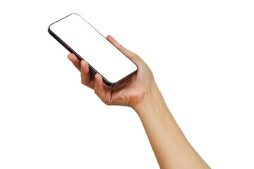 Asian woman holding smartphone in hand with blank screen isolated on white background with clipping path.