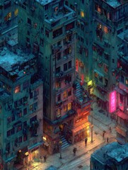 Fototapeta premium Cities come alive at night as neon lights illuminate the streets. People walk through a vibrant scene of busy buildings and colorful signs.