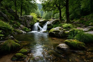 Obraz premium Small, tranquil waterfall cascades over moss-covered boulders in a secluded stream. Long exposure photography creates a silky, ethereal water effect.