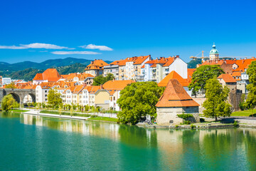 Obraz premium Amazing old water tower and banks of Drava river in Maribor, Slovenia