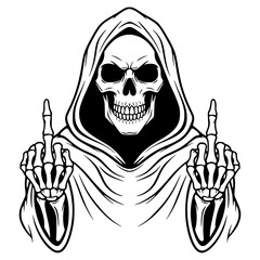 Grim Reaper Skull Showing Middle Fingers Vector Illustration, Death, Skeleton, Gothic, Rebellion, Punk
