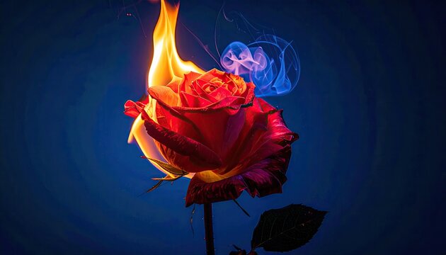 Burning Rose Flower engulfed in flames with smoky blue aura on a dark background