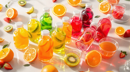 Colorful fruit juice bottles with orange lemon kiwi and strawberry slices on bright background