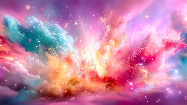 An abstract space background in shades of pink, purple, and green, swirling with cosmic energy and creating a vibrant, dreamy atmosphere.