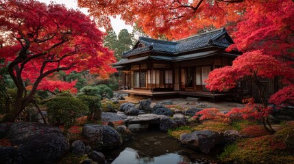Obraz premium Japanese temple garden in Kyoto with autumn colors and red momiji leaves