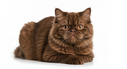 A fluffy, chocolate-colored feline with intense golden eyes is looking directly at the viewer