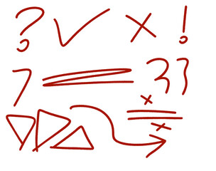 Collection of handdrawn red marks and symbols including a question mark, checkmark, cross, exclamation point, number seven, double underline, curly braces, multiplication sign, division sign, triangle