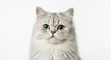 Front-facing portrait of a fluffy silver cat with vibrant green eyes, against a plain white background