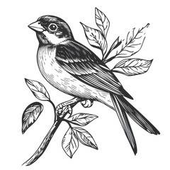 Illustration of a small bird perched on a branch with leaves, isolated on transparent background, showcasing intricate details and a classic vintage aesthetic