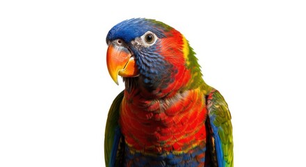 Vibrant parrot portrait isolated on white background, featuring blue, red, yellow, and green plumage