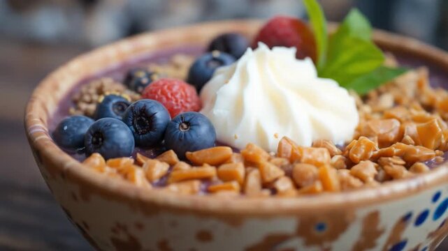 Delicious acai bowl with fruits, grains, and seeds, perfect for a healthy snack or breakfast.