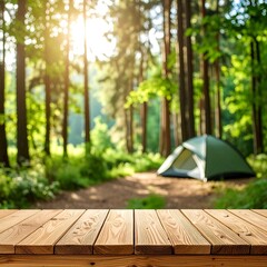 Wooden table top in a forest campsite
