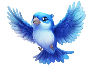 Adorable cartoon bluebird flying with wings spread, isolated on transparent background, showcasing vibrant colors and a playful, whimsical design