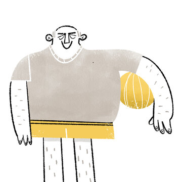 Textured, Hand-Drawn Cartoon Man: Minimalist Grey & Yellow Sport Character Holding Rugby Ball Vector Retro