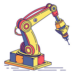 Yellow and red robotic arm with blue accents industrial automation