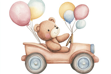 Adorable teddy bear drives car with balloons watercolor art. A nice illustration. Perfect gift with balloons. Teddy bring joy, drive in balloon!