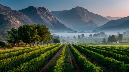 Fototapeta premium Stunning view of a sprawling vineyard at the base of a majestic mountain range. It is captured at dawn with a gentle mist clinging to the vines.