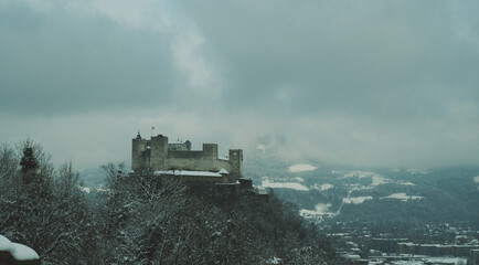 View of evening Salzburg castle in winter