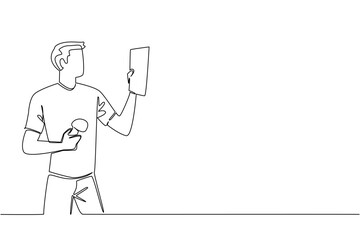 Single continuous line drawing a man holding a book and other hand holding a mushroom. Observing types and shapes based on science. National Mushroom Hunting Day. One line design vector illustration