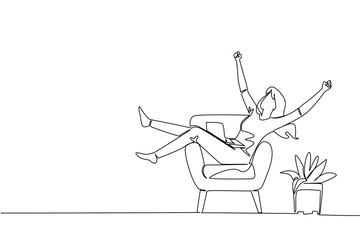 Continuous one line drawing woman sits on sofa with legs and arms up and a laptop on her stomach. Deadline completed on time. National Work From Home Day. Single line draw design vector illustration