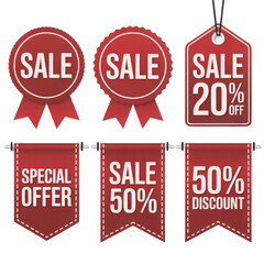 Set of red sale badges illustration of discount tags and banners promotion