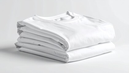 Neatly Folded White Cotton T Shirts on White Background Studio Shot Showing Delicate Hem Texture for Product Catalog or Fashion Advertising Use
