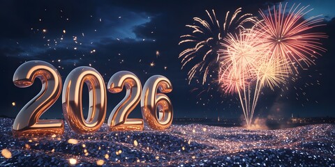 Golden 2026 balloons float above a sparkling city landscape at night with a vibrant fireworks display illuminating the dark sky above