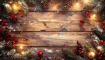 Festive Christmas Composition Featuring Pine Cones Greenery Red Berries and Lights on Distressed Wooden Surface Overhead Flat Lay