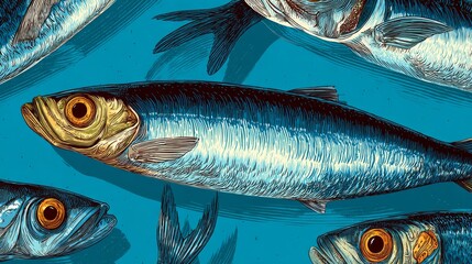 Seafood illustration featuring sardines in canned fish art, designed for T-shirt prints, stickers, posters, and more