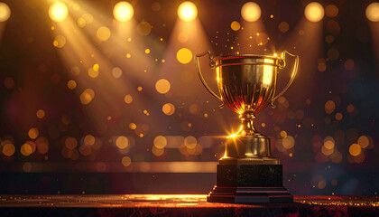 Glowing Gold Trophy on Velvet Podium with Dramatic Spotlight and Subtle Bokeh
