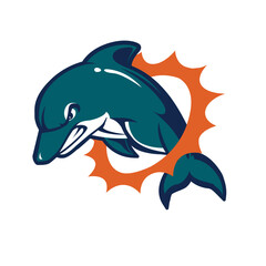 Dynamic vector illustration of a powerful aquatic mammal leaping through a vibrant orange sunburst ring, created as a stylized emblem