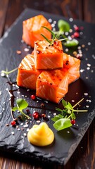 Grilled Salmon Cubes on Slate