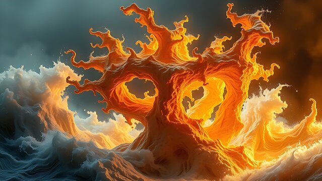A gravity-defying golden fractal structure engulfed in chaotic energy waves, radiating molten brilliance.