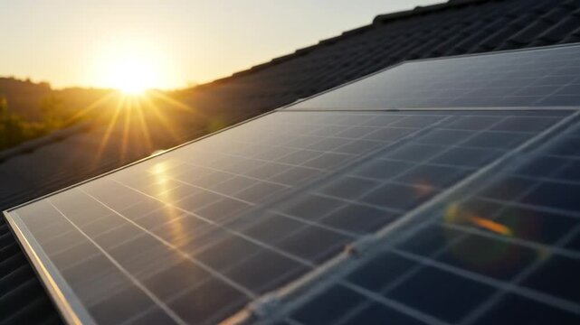 Close shot of solar panels converting sunlight into clean, renewable energy at a solar farm.