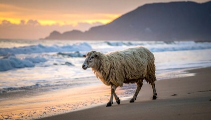 Sheep on beach at sunset