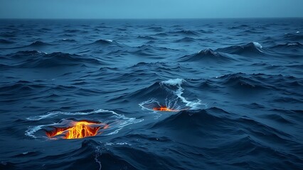 Deep blue ocean waves with glowing cracks beneath the surface, hinting at volcanic activity.