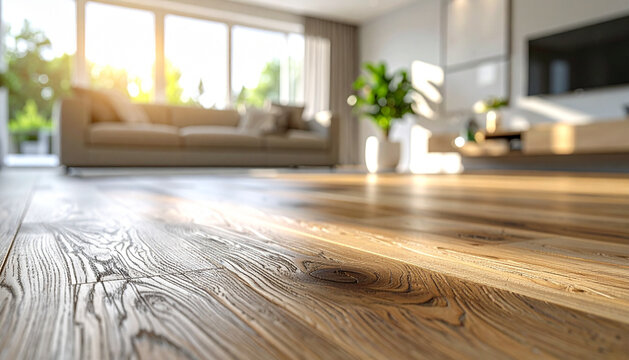 Medium shot showcasing a rustic oak laminate plank in sharp focus with blurred natural living room background emphasizing warm affordable luxury flooring options